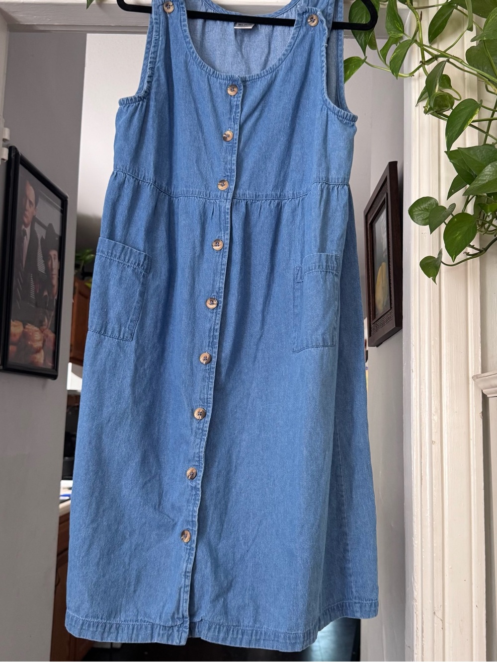Blair Denim Blue Jean Sleeveless Button Front Modest Maxi Dress Sz Medium petite